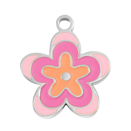 Pink Flower Silver 15mm