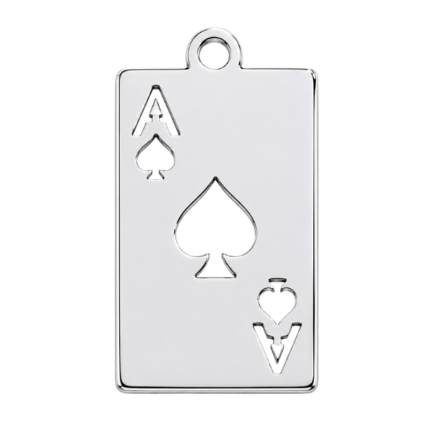 Silver pendant shaped like a playing card with an ace of spades design 