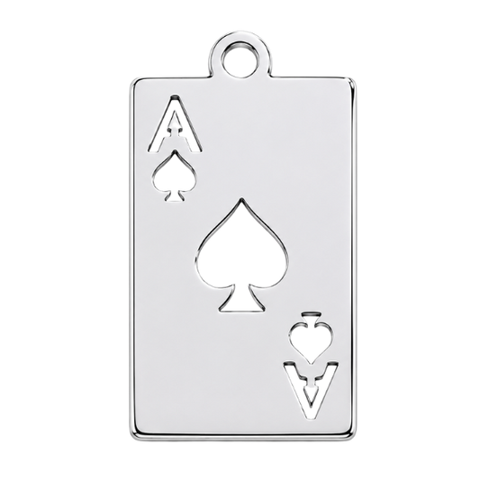 Silver pendant shaped like a playing card with an ace of spades design 