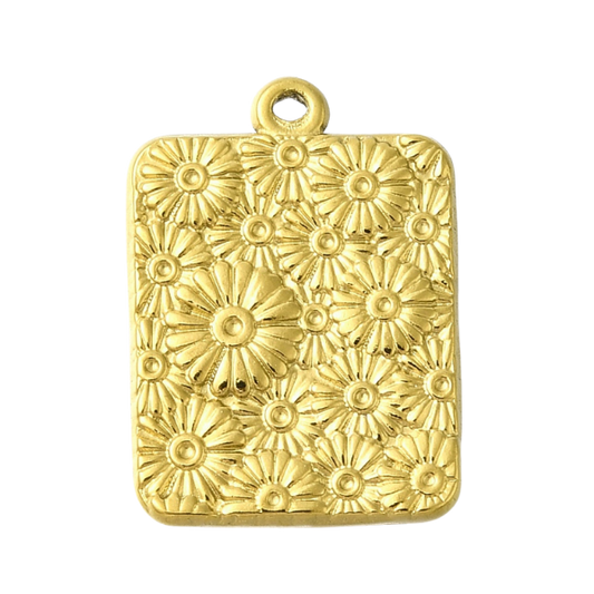 Gold rectangular pendant with daisy patterns 