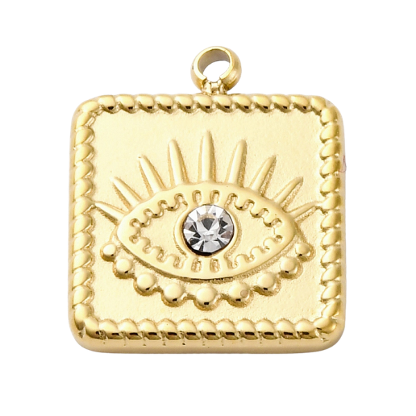 Gold pendant with evil eye design and clear gemstone 