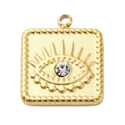 Gold pendant with evil eye design and clear gemstone 