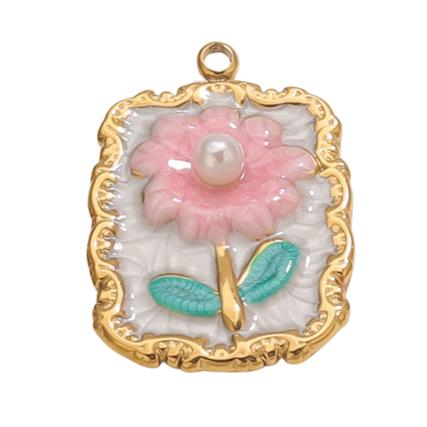 Pink flower pendant with pearl center and gold frame 