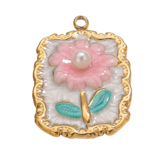 Pink flower pendant with pearl center and gold frame 