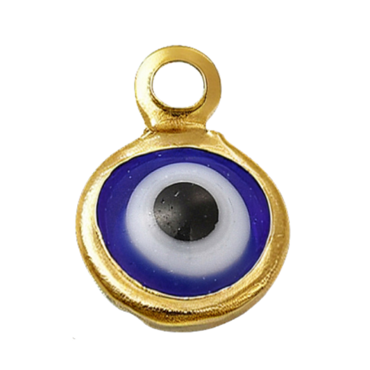 Gold pendant with a blue and white eye design 