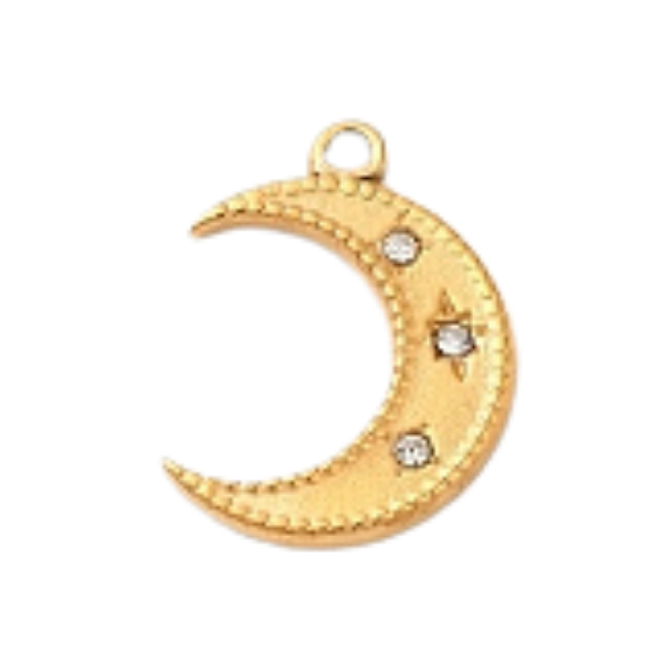 Gold crescent moon pendant with embedded stones 