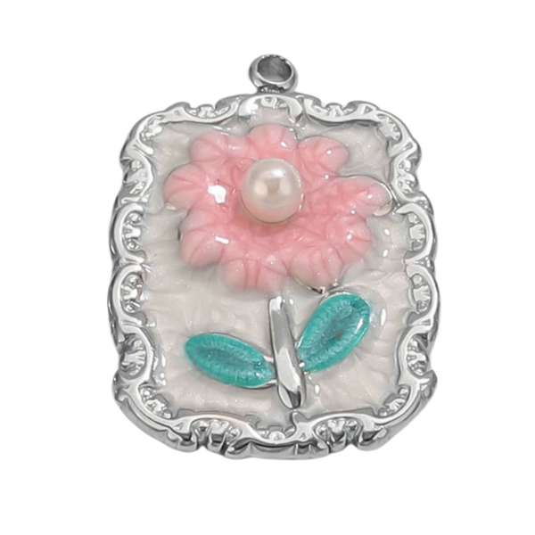 Pink flower pendant with pearl center and silver frame 